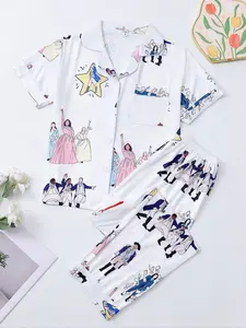 Women's Hamilton Music Print Pajama Set, Casual Comfy Pajama, Short Sleeve Shirt Collar with Buttons, Soft Comfortable Casual Homewear for All Seasons