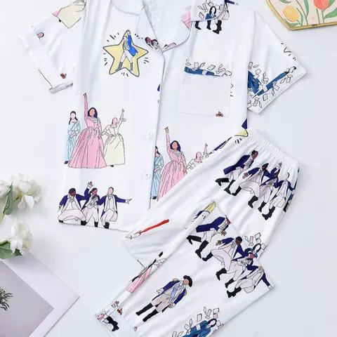 Women's Hamilton Music Print Pajama Set, Casual Comfy Pajama, Short Sleeve Shirt Collar with Buttons, Soft Comfortable Casual Homewear for All Seasons, Collared Pajama Set