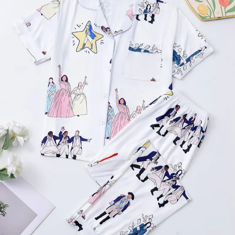 Women's Hamilton Music Print Pajama Set, Casual Comfy Pajama, Short Sleeve Shirt Collar with Buttons, Soft Comfortable Casual Homewear for All Seasons, Collared Pajama Set