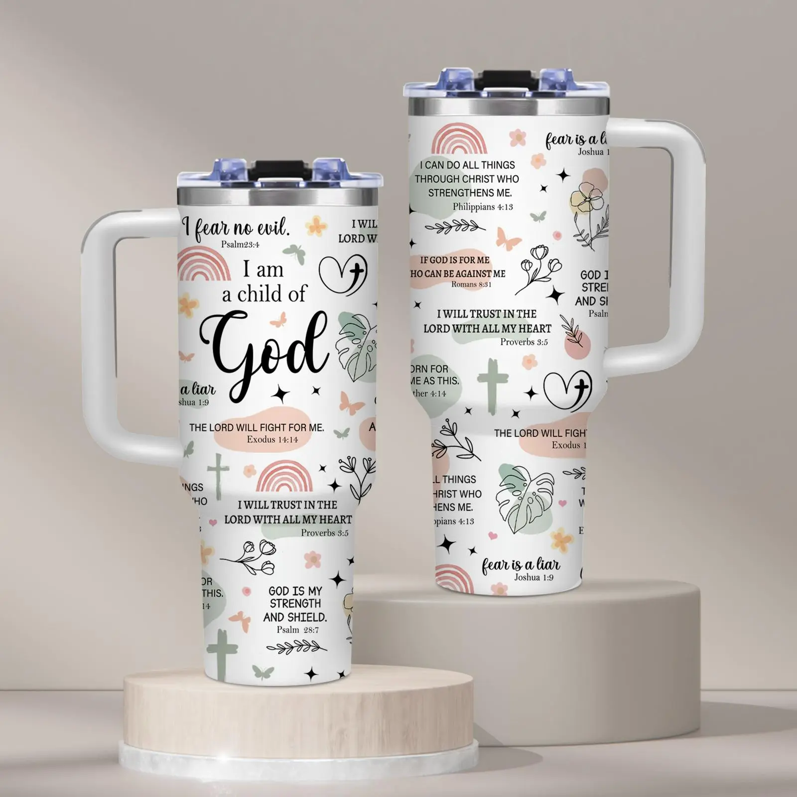 1PC Bible Verse Christian Faith 40oz Traveler Tumbler BPA Free With Handle & Straw Inspirational Floral Minimalist Design Printed Pattern For Home Office Outdoor Suitable For Mother's Day World Football Day Birthday Gift Tumbler