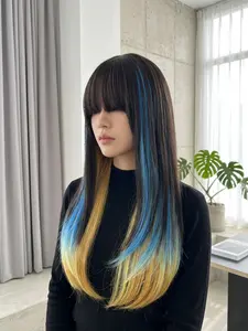 Ashely Ombre Highlight Wig for Women Black Colored Hair Wigs with Straight Bangs Fashionable Headband Wig Synthetic Wigs Cosplay