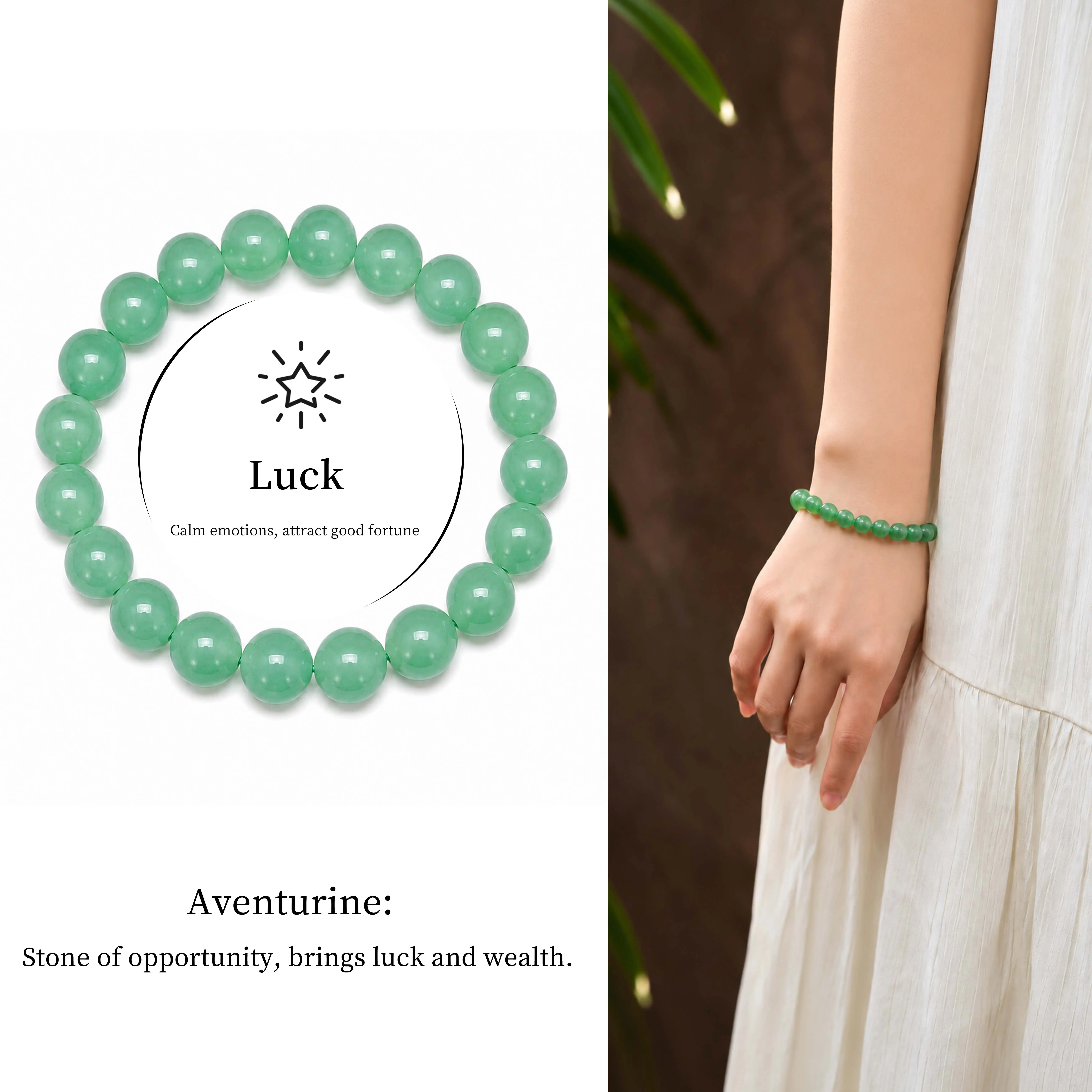 Natural Green Aventurine Round Natural Stone Beads Healing Bracelet (6-10mm) - Luck Attraction Jewelry for Daily Wear, Meditation, Gift Giving, Round Beads