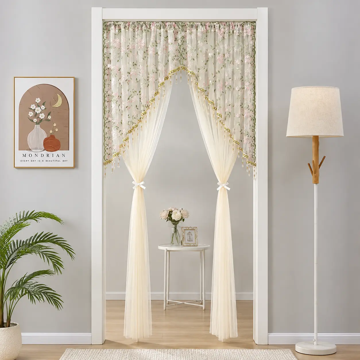 Sheer floral lace door curtain/window curtain with beaded tassels; this tie-back curtain is suitable for decorating bedrooms, closets, kitchens, and as room dividers, as well as for apartments, dorm rooms, and hotels.