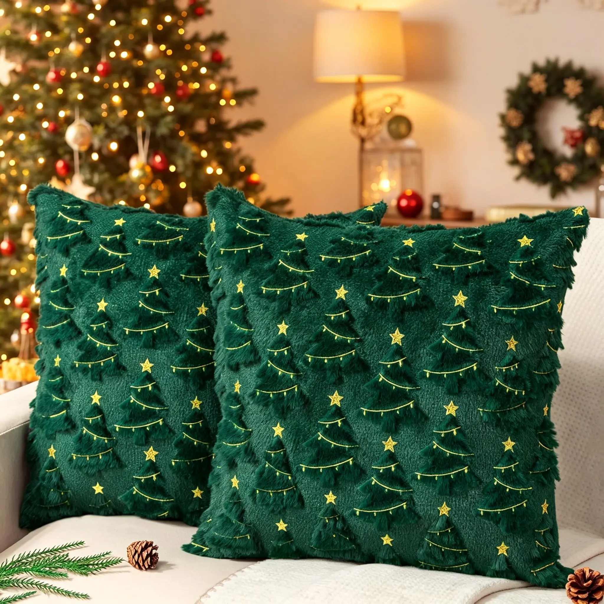 Christmas Pillow Covers Set of 2  18x18 Inch  Green Tree Star Jacquard Faux Fur Plush Decorative Throw Cushion Cases, Xmas Winter Home Sofa Couch Decor Gift