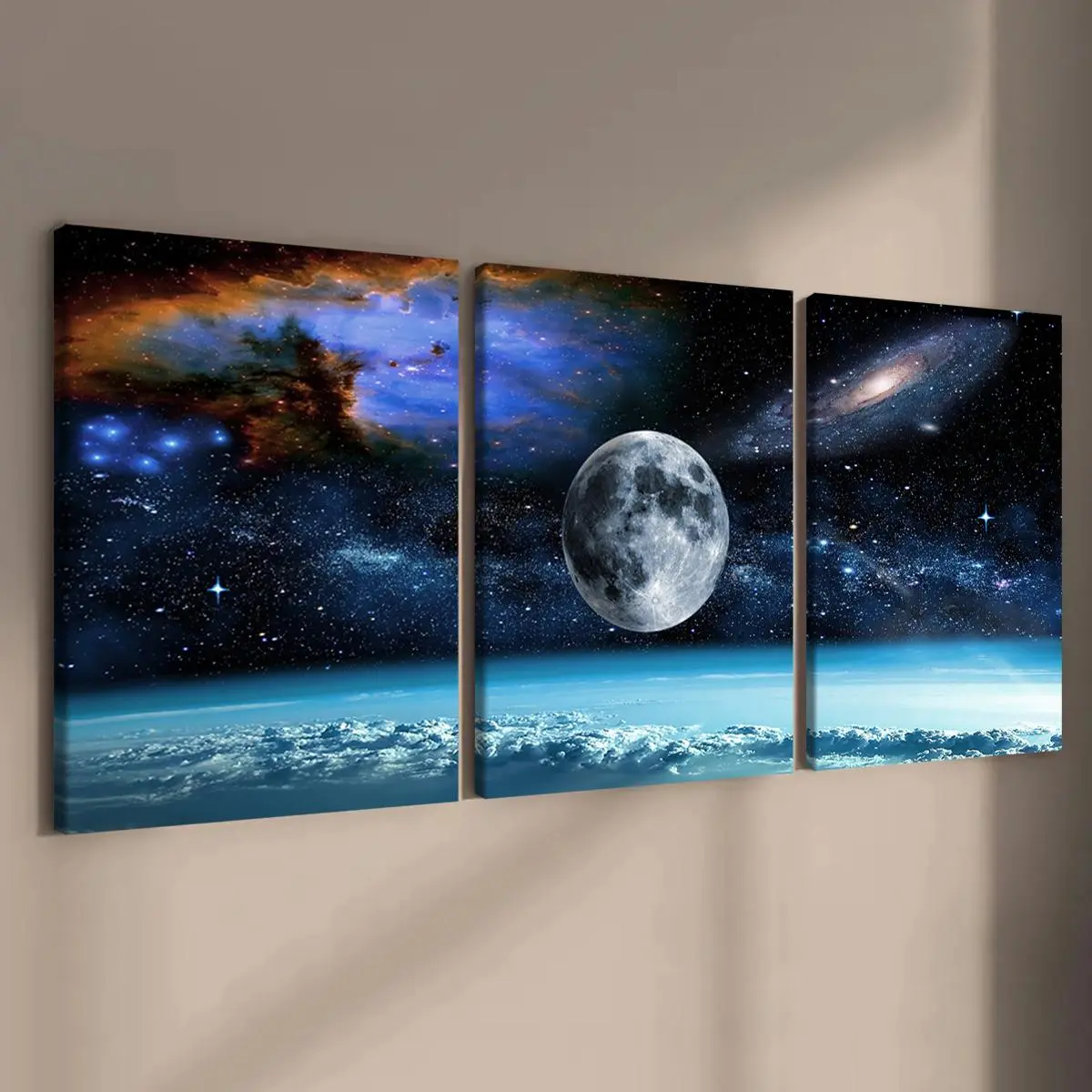 Wooden Framed Canvas Painting, 3 Counts Outer Space Canvas Poster, Natural Landscape Poster, Home Decoration Poster, Bedroom Wall Decor, Wooden Wall Art, Modern Home Decoration