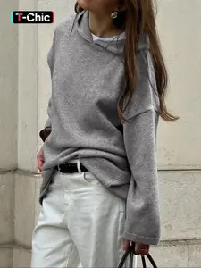Casual Solid Color Hooded Knit Long Sleeve Sweater, Thin Fabric Fitted Style Knitwear for Fall, Comfortable, Soft and Stylish Pullover, Women's Clothing, Womenswear