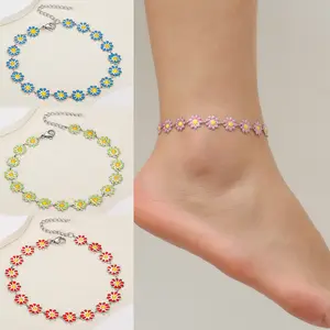 1pc Bohemian Style Summer Drip Oil Daisy Flower Chain Stainless Steel Women's Ankle Chain Suitable for Daily Vacations, Wedding Parties, Beach, Birthday Gifts, Jewelry Decoration