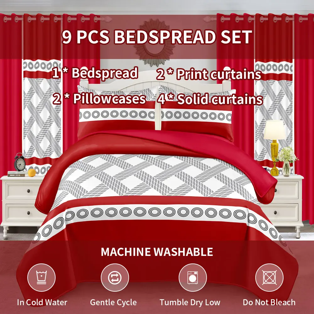 9 PCS Red Grey Geometric Quilted Bedspread & Curtain Complete Set Festive Plaid Stitched Thick Bedding Curtain Combo Kit