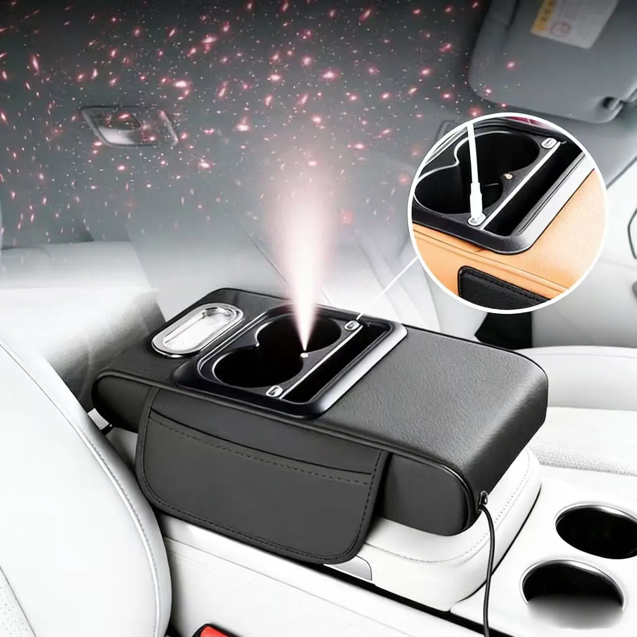 2026 New Model Car Armrest Box Height Riser - Nappa Leather & Memory Foam Car Accessories, Waterproof Reinforced Cup Holder-Tissue Box Combo, Rechargeable 6-in-1 Elbow Support Pad for Interior Stowing