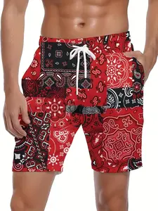 Men's Casual Fashion Geometric Pattern Shorts, Drawstring Waist Drop Waist Beach Pants, Fitted H-Type Short Bottoms for Daily Wear