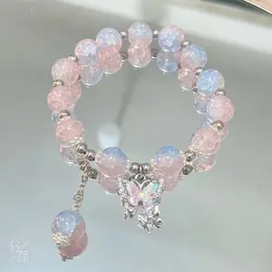 Women's Gradient Color Beaded Bracelet with Silver Butterfly Pendant, Casual Daily Wear Accessory