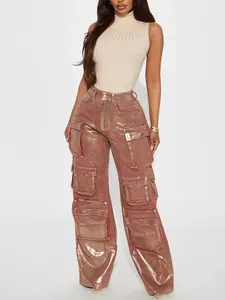 Time To Shine Foil Baggy Cargo Jeans - Burgundy