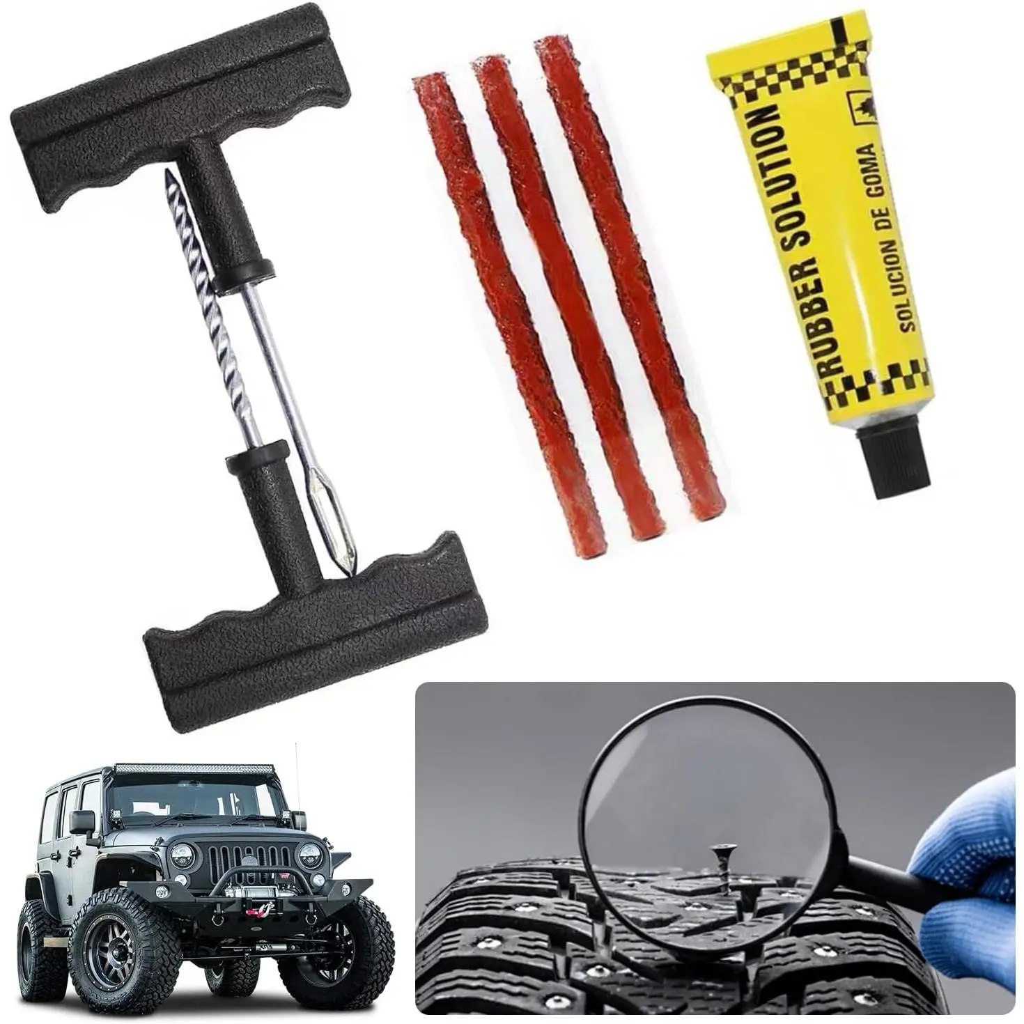 Tire Plug Kit, Tire Repair Kit, Tire Patch Kit, Flat Tire Repair Kit, Tire Repair Glue, Rubber Cement, Tire Repair, Vacuum Repair For Flat Tires On Cars, Motorcycles, Bicycles, Jeeps And Trucks (5 pack)