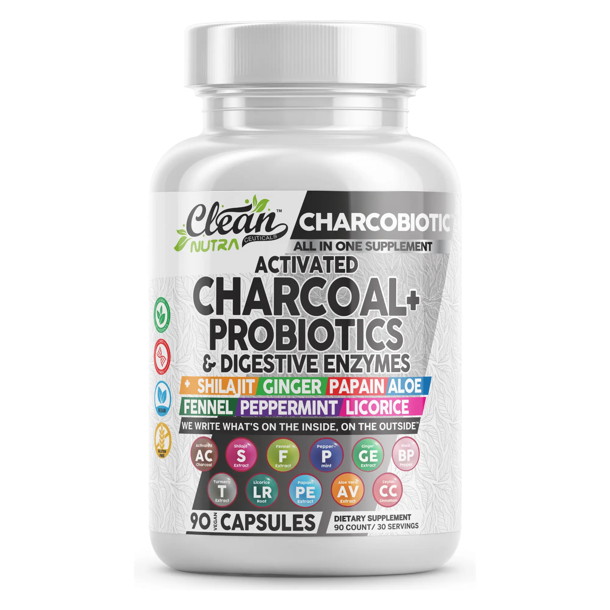 Clean Nutra Activated Charcoal Capsules Shilajit Pills Probiotic 200 Billion + Digestive Enzymes for Digestive Health with Peppermint Fennel Licorice