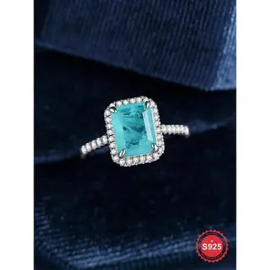 S925 Sterling Silver Fashion Ring,  Artificial Zircon Rectangle Shaped Ring for Women, Genuine S925 Sterling Silver Party Wedding Engagement Ring