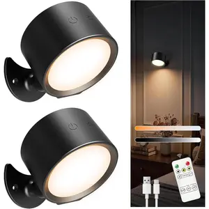 Battery Operated Wall Sconce with Remote Control Wireless Rechargeable 3 Colors 4 Brightness 360°Rotate Adhesive Lights for Wall Closet Hallway Reading Black Set of 2