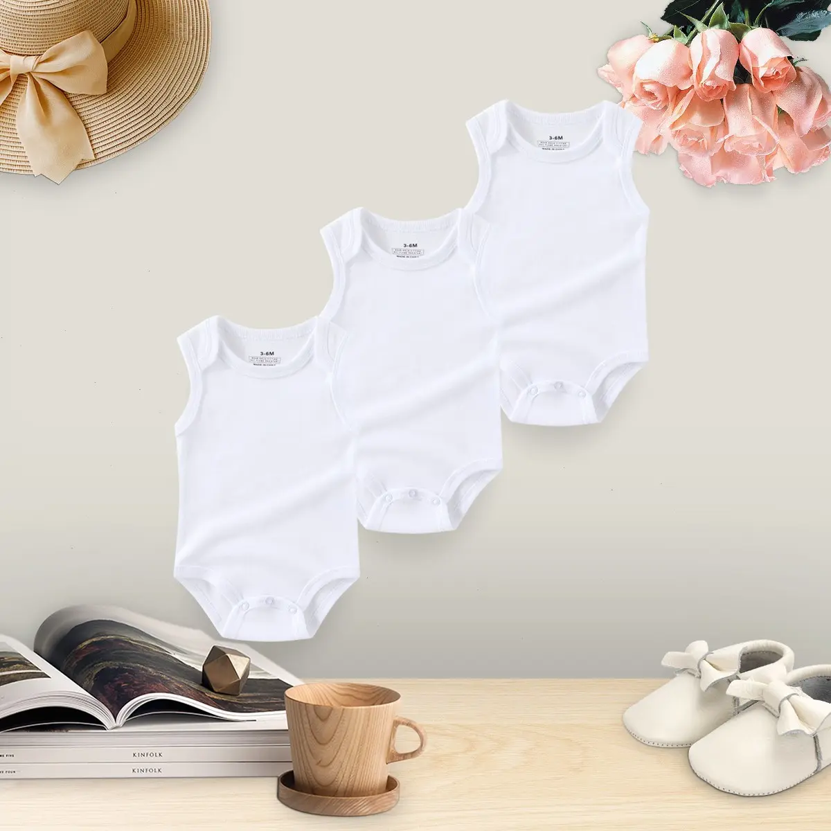 Kiddiezoom 3 Pack Sleeveless Cotton Baby Bodysuits White Unisex Newborn Onesies