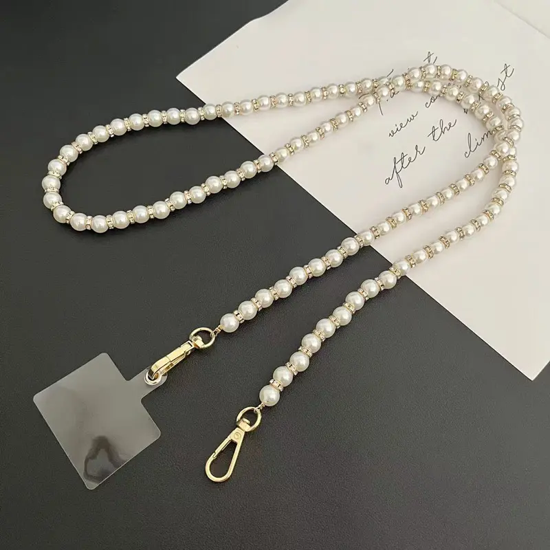 120cm Hand-beaded Mobile Phone Lanyard Pearl Crossbody Necklace Short Chain Single Strap, Universal Clip Buckle Accessories for Women, Compatible with iPhone Samsung Phone Cases