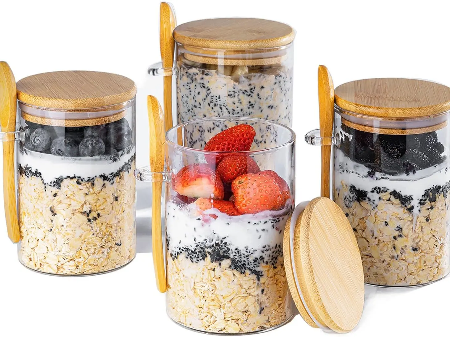 Overnight Oats Containers with Lids 4 Pack 16oz Glass Jars with Bamboo Spoons for Meal Prep Airtight Seal for Freshness Chia Seed Pudding Salad Cereal Coffee Flour Sourdough Starter Jar for Bread
