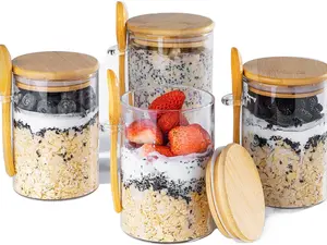Overnight Oats Containers with Lids 4 Pack 16oz Glass Jars with Bamboo Spoons for Meal Prep Airtight Seal for Freshness Chia Seed Pudding Salad Cereal Coffee Flour Sourdough Starter Jar for Bread