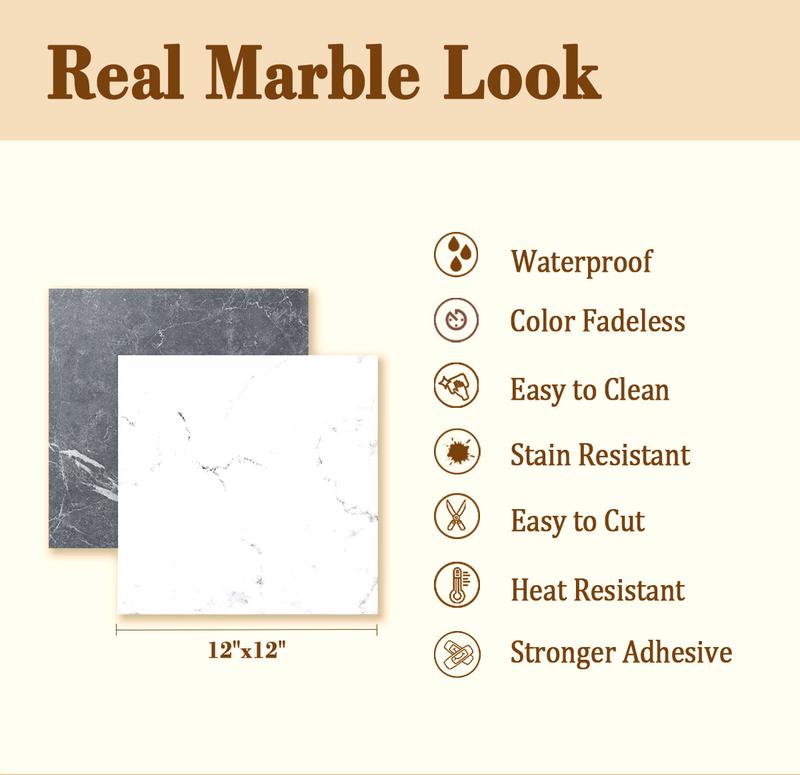 Art3d 12"x12" 30-Pack Peel and Stick Vinyl Tiles, Checkerboard Floor Design, Waterproof Self-Adhesive Flooring, Black & White Marble Pattern