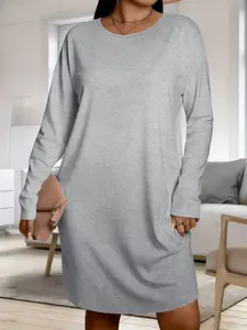 Plus Size Plain Long Sleeve Dress, Comfortable Slim-Fitting Casual Dress, Versatile Home and Outdoors Wear, Spring & Fall Fashion