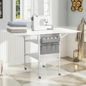 Foldable Craft Table with Storage, Mobile Sewing Table with 2 Shelves & Side Pocket, Adjustable Height Hobby Table for Craft Room & Home Office, White