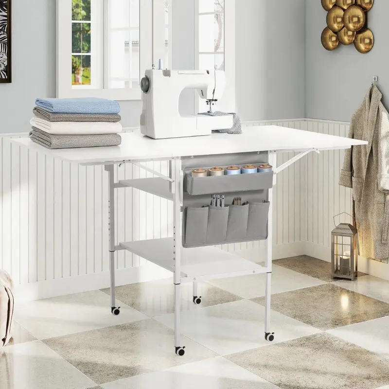 Foldable Craft Table with Storage, Mobile Sewing Table with 2 Shelves & Side Pocket, Adjustable Height Hobby Table for Craft Room & Home Office, White