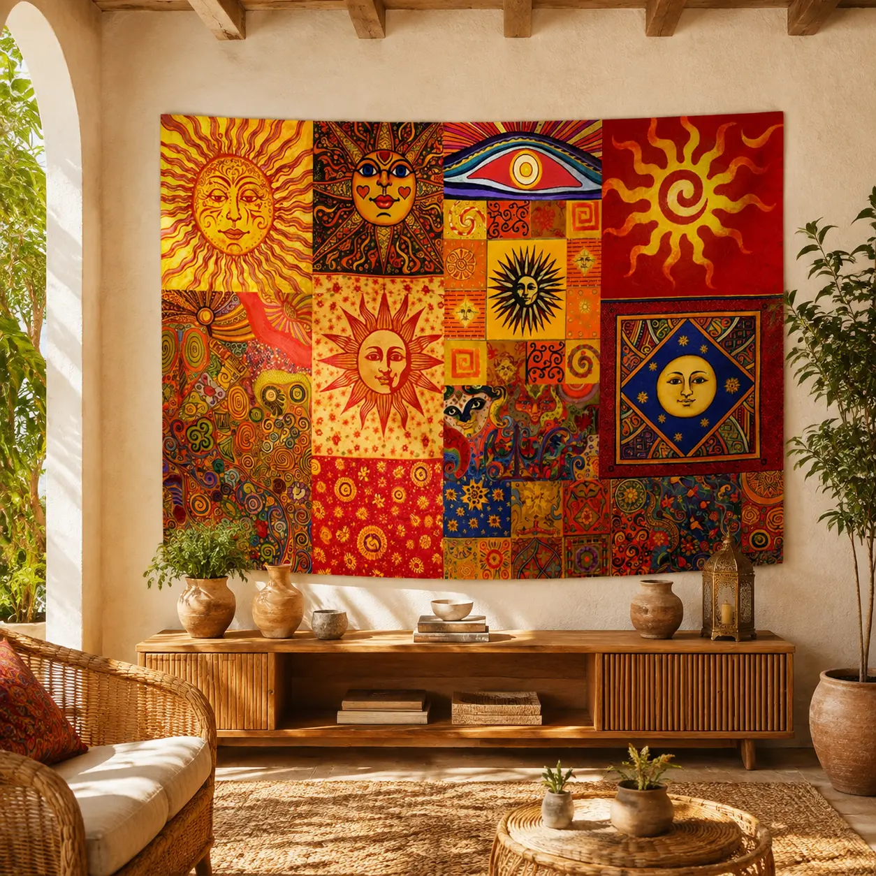 2D Flat, Patterned Printed Tapestry with a Sun Motif, Colorful Patterns, Patchwork Design, Vibrant Colors, Exquisite Details, Used for Room Wall Decoration, Suitable for Living Rooms, Offices, and Party Decorations, 2D Flat