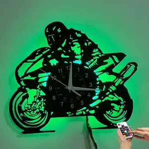 Vintage Motorcycle Design Vinyl Wall Clock, LED Blue Backlight, Analog Display, Unusual Shape, Mechanical Drive, Battery Powered