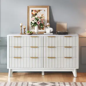 AMERLIFE Fluted 6 Drawers Dresser with Faux Marble Top, 54" Wide Modern Chest of Drawers, Wood Dresser, Drawer Organizer for Bedroom, Living Room