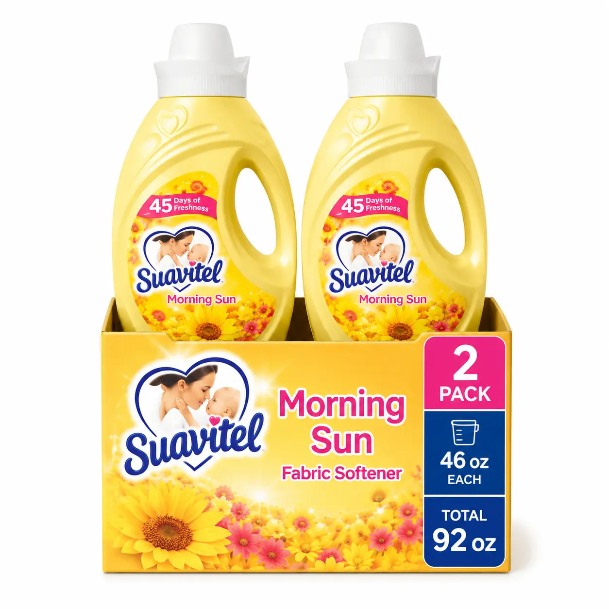 Suavitel Morning Sun Liquid Fabric Softener, 2 Pack (2 x 46 oz Bottles) – 45 Days of Freshness, Long-Lasting Floral Scent, Softens Fabrics & Reduces Static