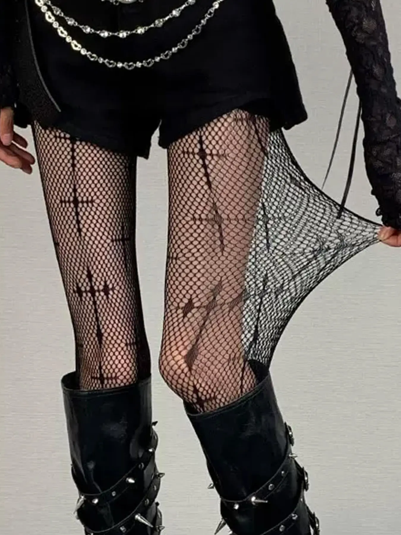 Cross Print Fishnet Texture Tights, High Stretch Slim Fit Stockings, Punk Style Underwear, All-Season Fashion, Youthful Subculture Base Layer