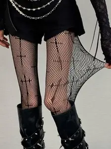 Cross Print Fishnet Tights, High Stretch Slim Fit Stockings, Punk Style Underwear, All-Season Fashion, Youthful Subculture Base Layer