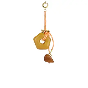 Timeless Pearly Wood & Gold Charms Rope Keychain in Brown