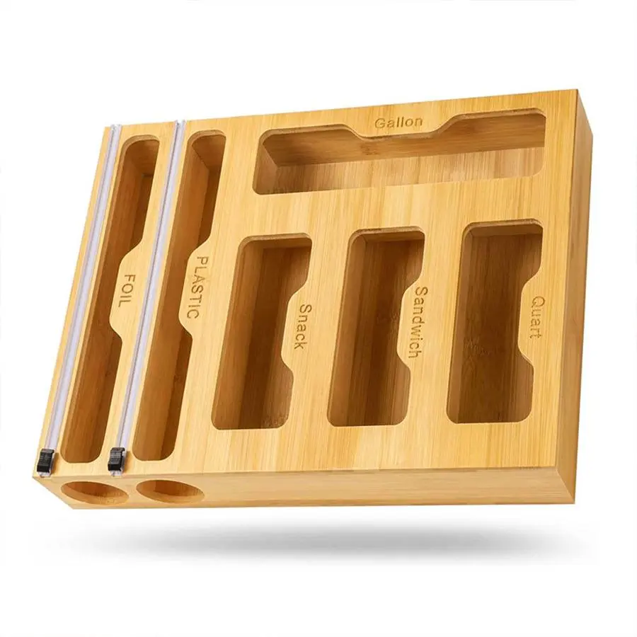 6 In 1 Bamboo Plastic Wrap Dispenser With Cutter, 1 Count Kitchen Ziplock Bag & Cling Wrap Dispenser Tray