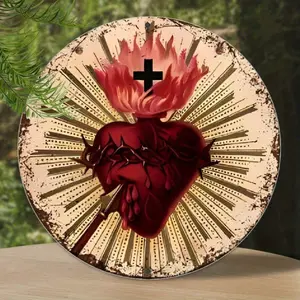 Vintage Aluminum Sacred Heart Wall Art 8x8 Inch Religious Home Decor With Rustic Cross And Radiant Flame Design Durable Plaque For Living Room