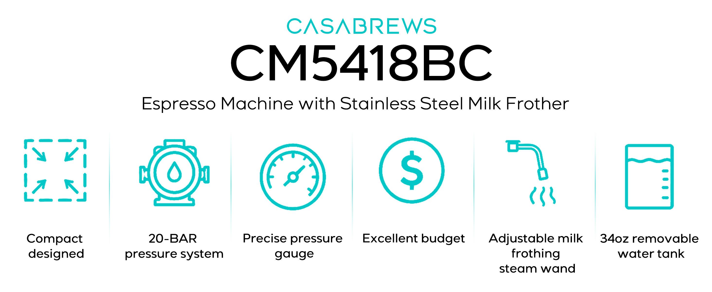 CASABREWS CM5418 Espresso Machine, 20-Bar Coffee Maker with PID Temperature Control, Pressure Gauge, Pre-Infusion, Steam Wand & Stainless Steel Design CASABREWS CM5418 Espresso Machine, 20-Bar Coffee Maker with PID Temperature Control, Pressure Gauge, Pre-Infusion, Steam Wand & Stainless Steel Design