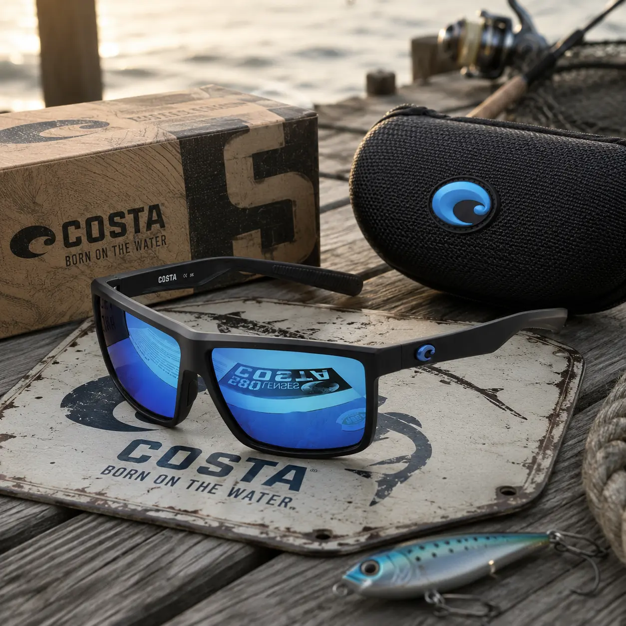 Full Box Costa Del Mar Rinconcito Costa 580G Men’s Polarized Sunglasses Black Frame Blue Mirror Lens UV400 Fishing Driving Outdoor Sport Glasses with Case Box