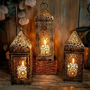 Candle Lanterns Decorative Metal Glass Candle Lanterns Outdoor Moroccan Style Portable Candle Holder Pavillon, Garden Lanterns, Home Decoration