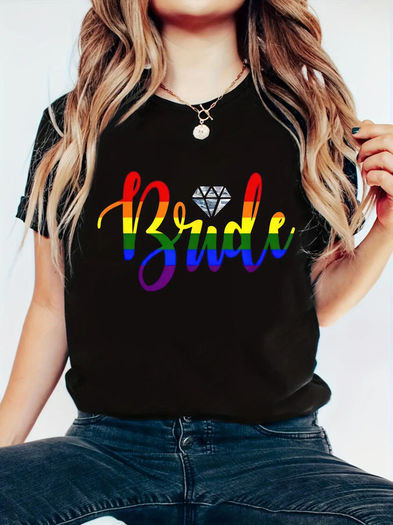 Women's 100% Cotton Round Neck Short-Sleeve Loose-Fit LGBTQ Gay Pride Rainbow Stripe T-Shirt - Lesbian Bride Wedding Summer Streetwear, Chic, All Seasons, Do Not Bleach, Tumble Dry, Tshirt