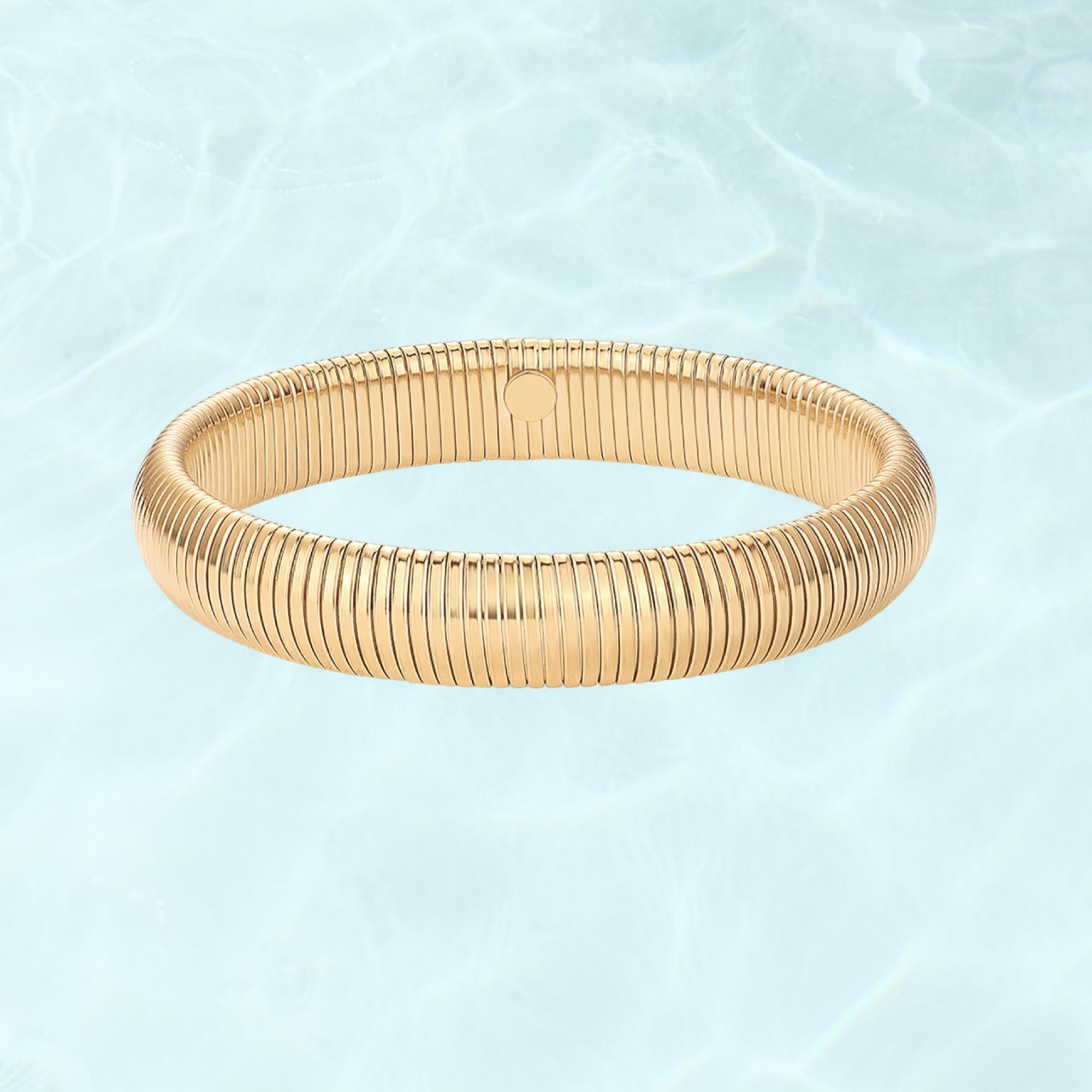 PAVOI Waterproof Chunky Stretch Bracelet for Women - 14K Gold Plated Cobra Statement Bracelets - Stainless Steel Flexible Bracelet - Trendy Gold Jewelry Gifts
