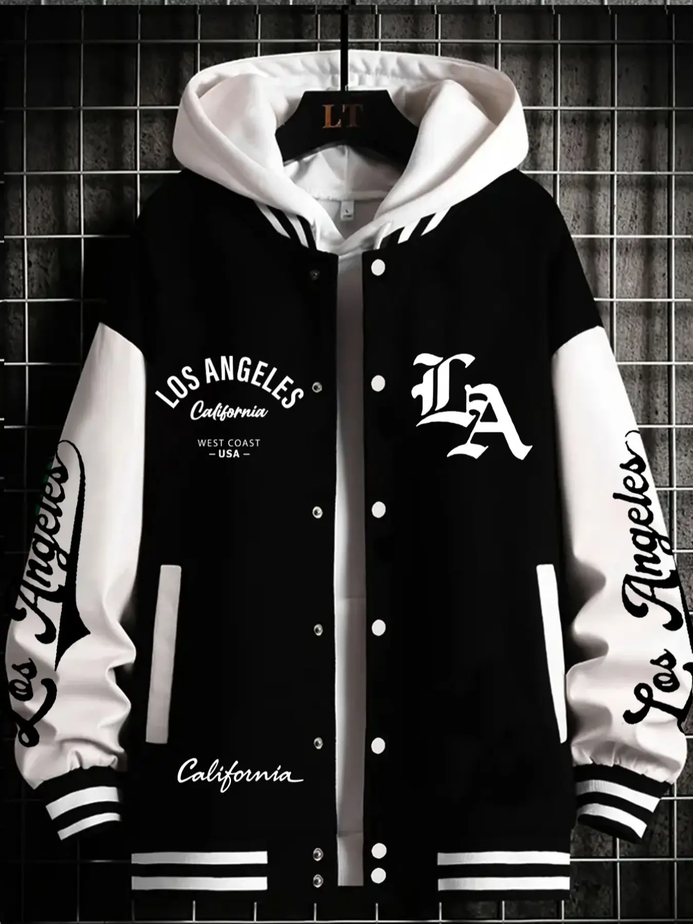Men's Casual Classic Aesthetic Usa-La Los Angeles Print Baseball Jacket, Menswear, Fitted Cut Geometric Pattern Design, All Seasons Wear, Versatile Net Version, Casual Fashion Outerwear, Coats
