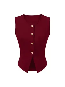 Classic Basic Round Neck Sleeveless Top, Striped, High Stretch Knit Fabric, Slim Fit, Irregular Hem, Casual Fashion for Fall & Winter, Womenswear