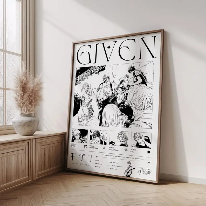 Given Anime Band Poster, Music Theme Manga Panel Art, Black & White Japanese Anime Wall Decor, Gift for Fans