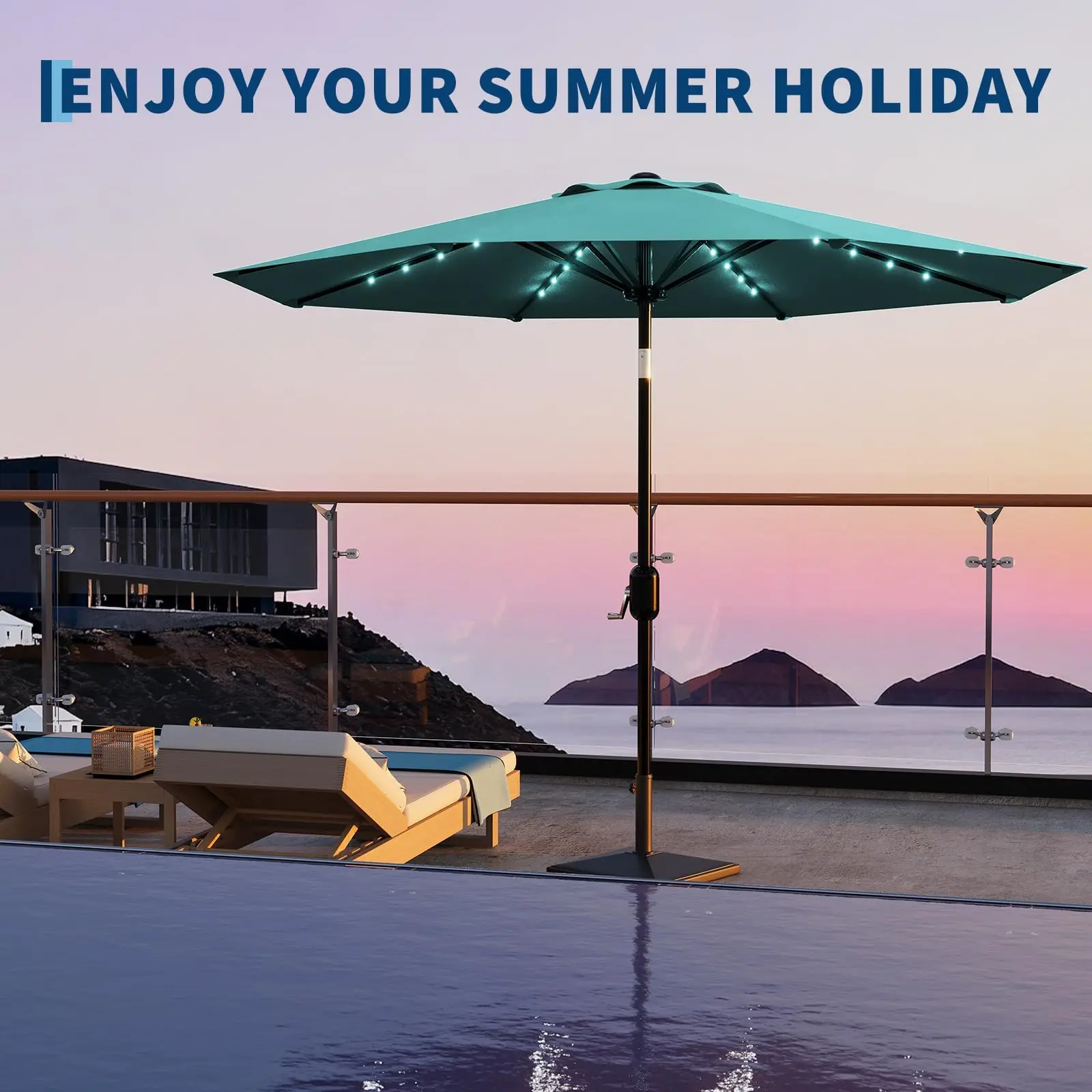 Garvee 10 ft Solar LED Outdoor Patio Umbrella with 40 Light Beads, 8 Ribs, Tilt Adjustment, UV-Resistant Fabric for Garden, Deck, Backyard, Pool, and Beach in Turquoise Blue, Dark Green, Red, and Tan