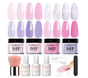 AZUREBEAUTY Dip Powder Nail Kit Starter, Pastel Lavender Pink Glitter, 4 Colors Spring Summer Dipping Powder Set, French Nail Art Base Top Activator Liquid Manicure DIY Salon 12 PCS