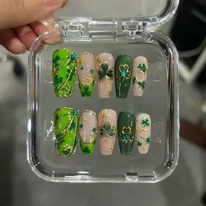 St Patrick’s Day Press On Nails, Lucky Shamrock Handmade False Nails