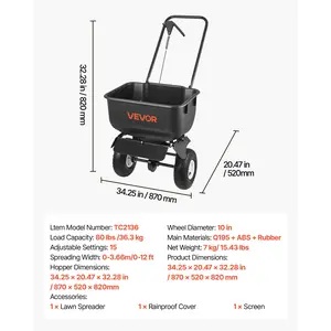 VEVOR Push Lawn Spreader, 12ft Spreading Width, Broadcast Spreader with 80lbs Load Capacity 10 in All-Terrain Tires, Walk-Behind Garden Lawn Broadcast Spreaders for Seed Fertilizer, Salt Ice Melt