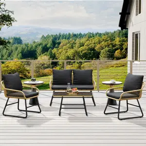 Boho Wicker Outdoor Furniture Set, 4-Piece Conversation Set with Loveseat, Armchairs and Glass Top Coffee Table, Equipped with Soft Cushions and Pillows, Weather Resistant Outdoor Decor for Backyard, Porch, Balcony, Deck, Tan & Black
